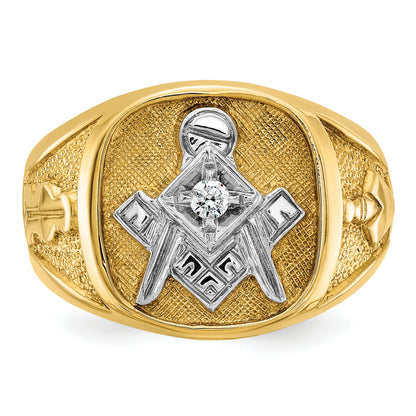 14k Yellow & Rhodium Gold with White Rhodium Men's Polished and Textured Diamond Blue Lodge Master Masonic Ring