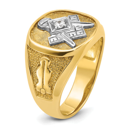 14k Yellow & Rhodium Gold with White Rhodium Men's Polished and Textured Diamond Blue Lodge Master Masonic Ring