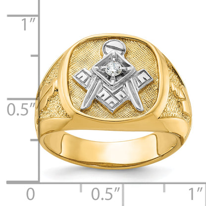 14k Yellow & Rhodium Gold with White Rhodium Men's Polished and Textured Diamond Blue Lodge Master Masonic Ring