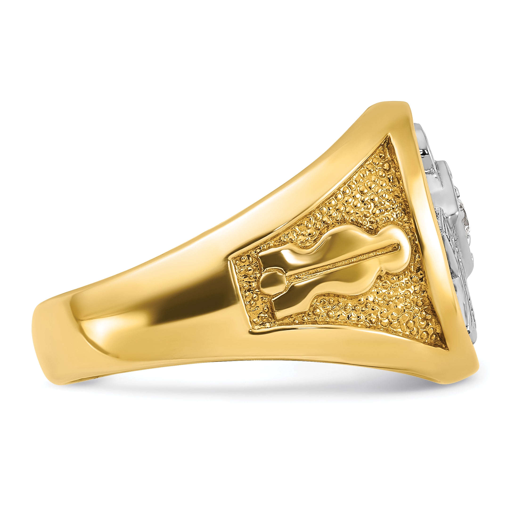 14k Yellow & Rhodium Gold with White Rhodium Men's Polished and Textured Diamond Blue Lodge Master Masonic Ring
