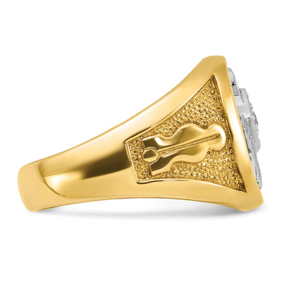 14k Yellow & Rhodium Gold with White Rhodium Men's Polished and Textured Diamond Blue Lodge Master Masonic Ring