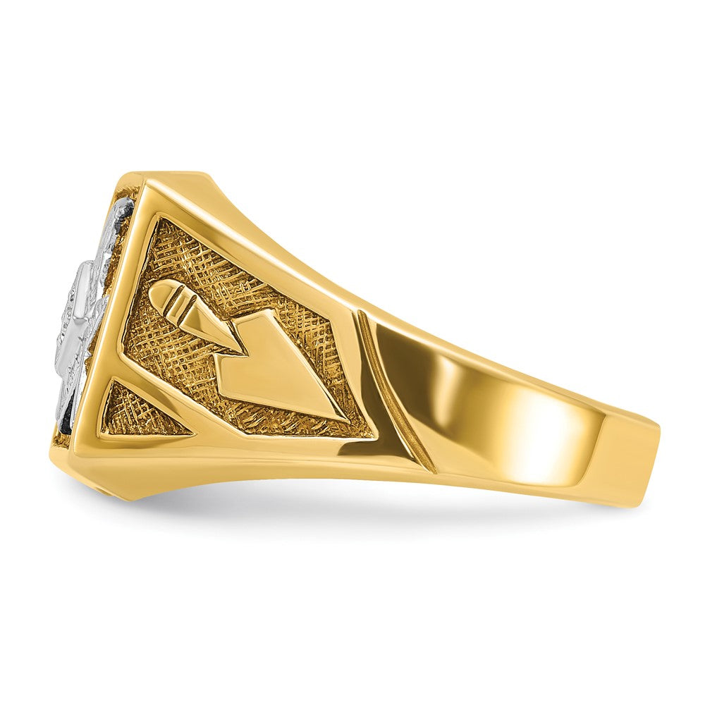 10K Yellow W/Rhodium Ibgoodman With White Rhodium Men'S Polished And Textured Diamond Blue Lodge Master Masonic Ring