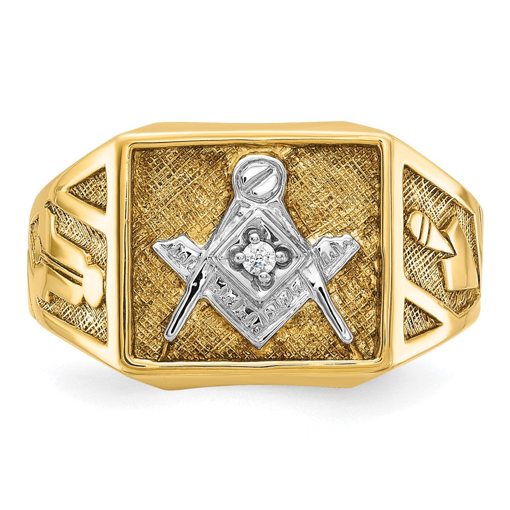 10K Yellow W/Rhodium Ibgoodman With White Rhodium Men'S Polished And Textured Diamond Blue Lodge Master Masonic Ring