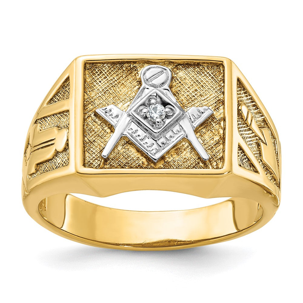 10K Yellow W/Rhodium Ibgoodman With White Rhodium Men'S Polished And Textured Diamond Blue Lodge Master Masonic Ring