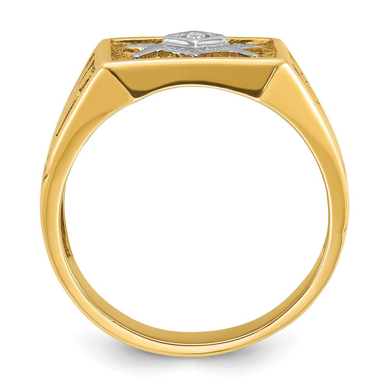 14k Yellow & Rhodium Gold with White Rhodium Men's Polished and Textured Diamond Blue Lodge Master Masonic Ring