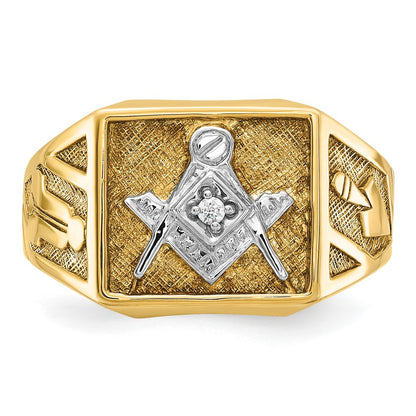 14k Yellow & Rhodium Gold with White Rhodium Men's Polished and Textured Diamond Blue Lodge Master Masonic Ring