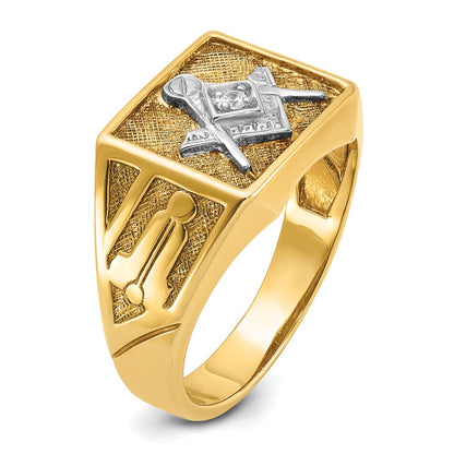14k Yellow & Rhodium Gold with White Rhodium Men's Polished and Textured Diamond Blue Lodge Master Masonic Ring