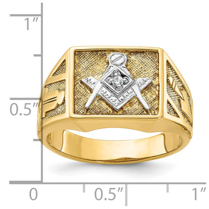 14k Yellow & Rhodium Gold with White Rhodium Men's Polished and Textured Diamond Blue Lodge Master Masonic Ring