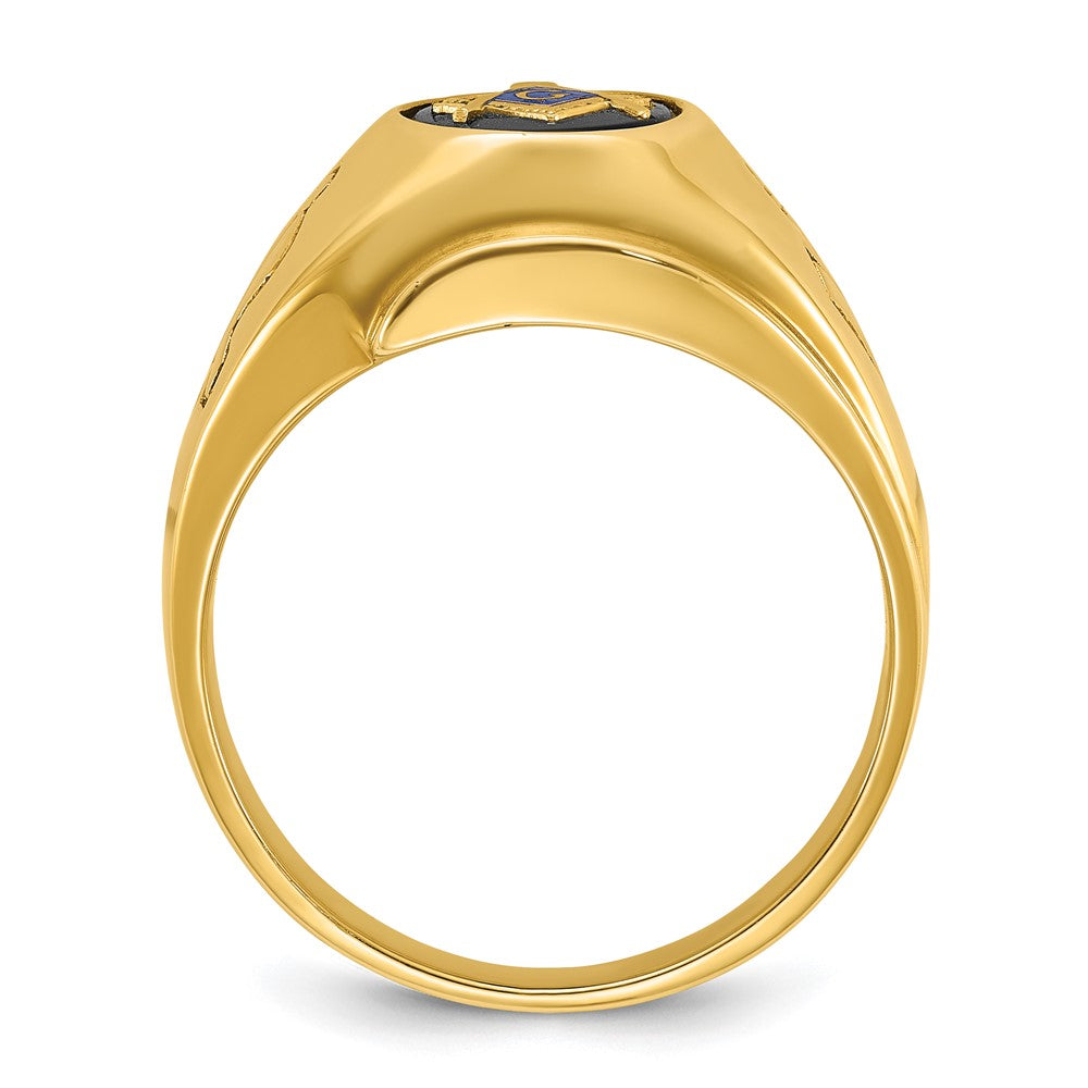14k Yellow Gold Men's Polished and Grooved with Oval Onyx Blue Lodge Master Masonic Ring