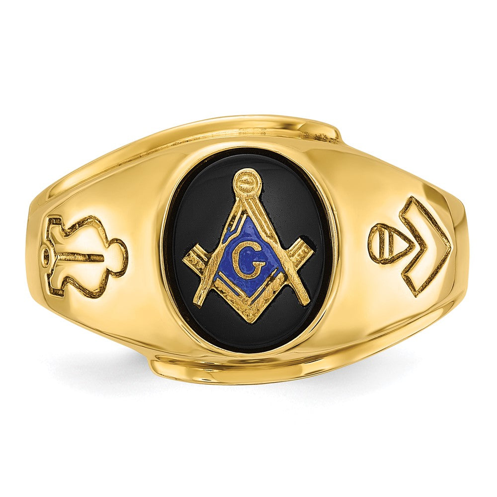 14k Yellow Gold Men's Polished and Grooved with Oval Onyx Blue Lodge Master Masonic Ring