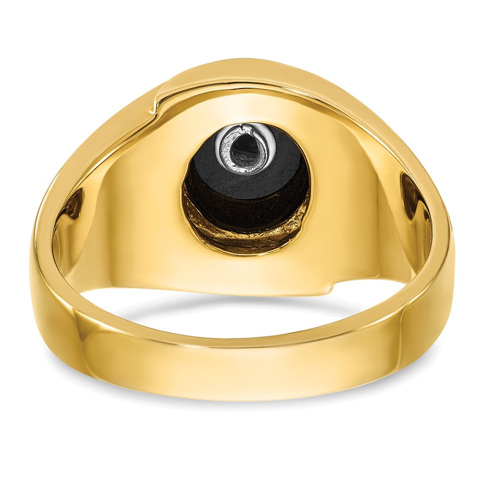 14k Yellow Gold Men's Polished and Grooved with Oval Onyx Blue Lodge Master Masonic Ring