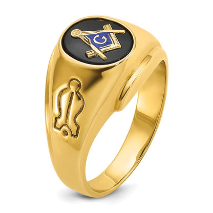 14k Yellow Gold Men's Polished and Grooved with Oval Onyx Blue Lodge Master Masonic Ring
