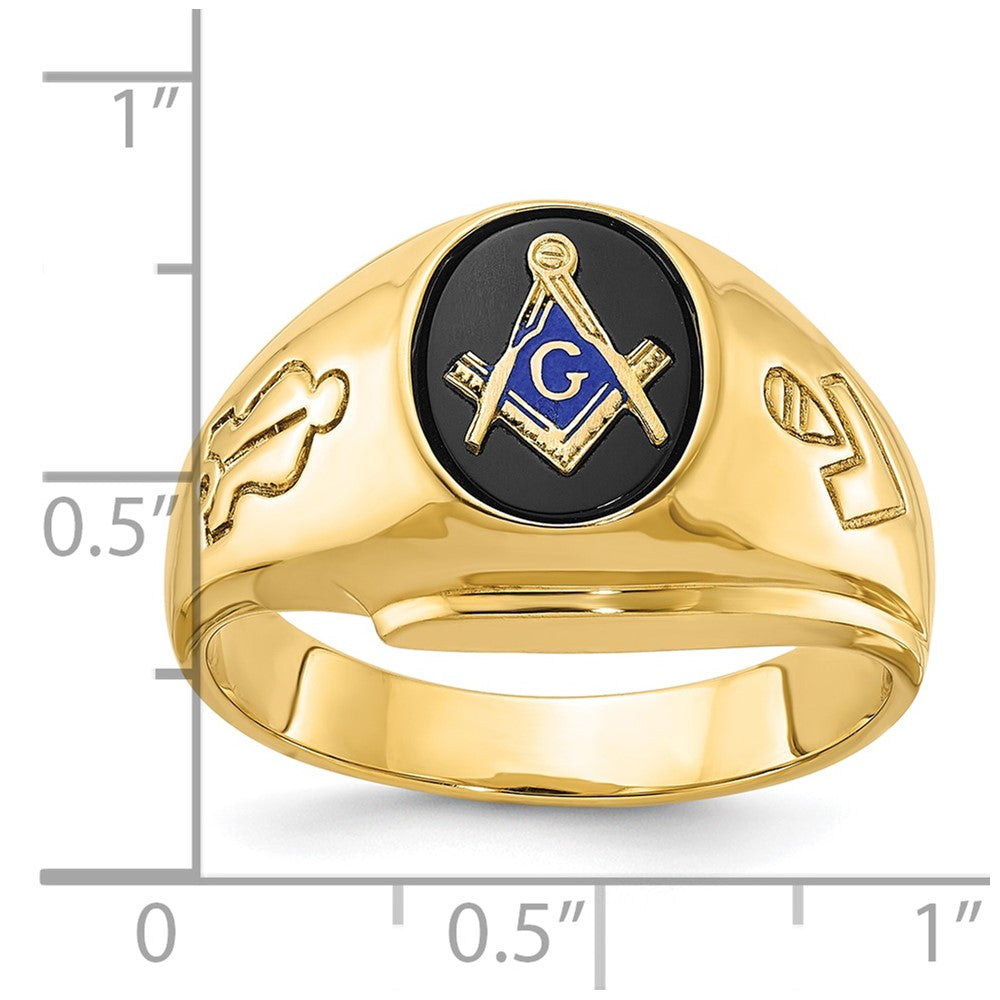 14k Yellow Gold Men's Polished and Grooved with Oval Onyx Blue Lodge Master Masonic Ring