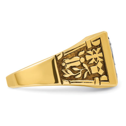 10K Two-Tone Ibgoodman Men'S Polished And Textured With Lab Created Sapphire Diamond Blue Lodge Master Masonic Ring