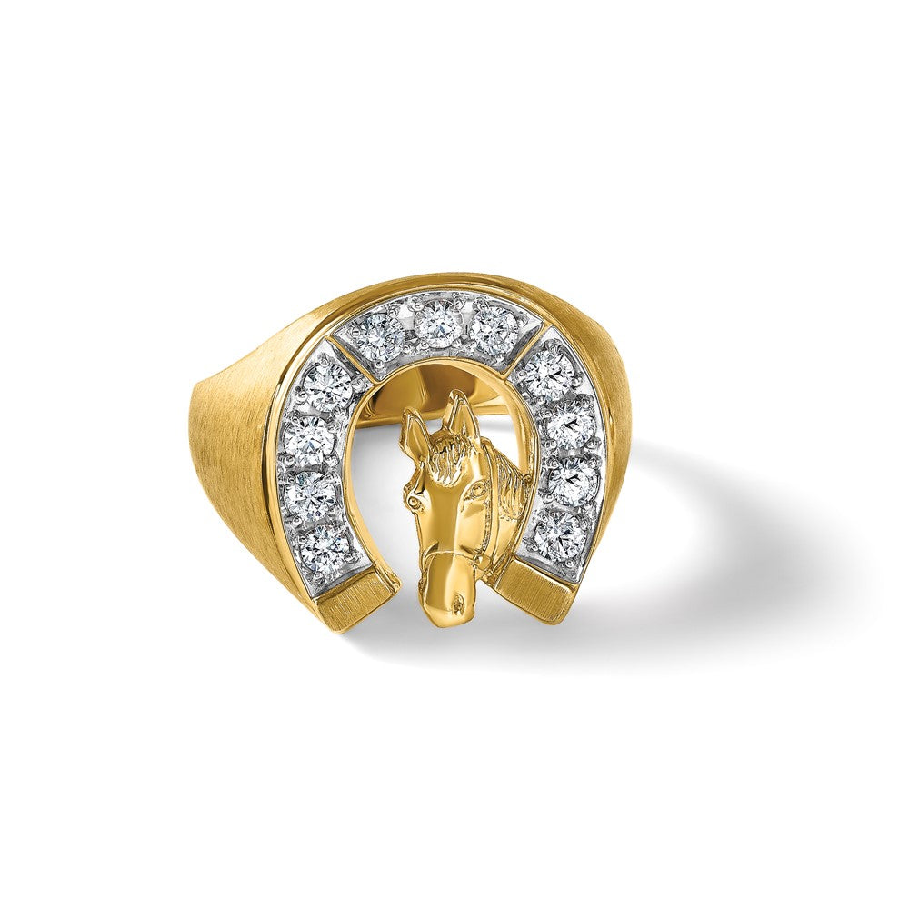 14k Two-tone Gold Men's Satin Horse and Horseshoe 3/4 carat Diamond Complete Ring
