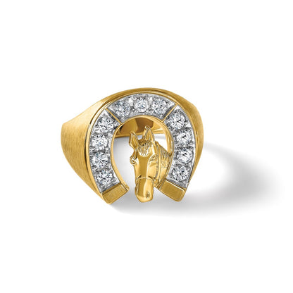 14k Two-tone Gold Men's Satin Horse and Horseshoe 3/4 carat Diamond Complete Ring