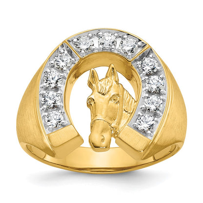 14k Two-tone Gold Men's Satin Horse and Horseshoe 3/4 carat Diamond Complete Ring