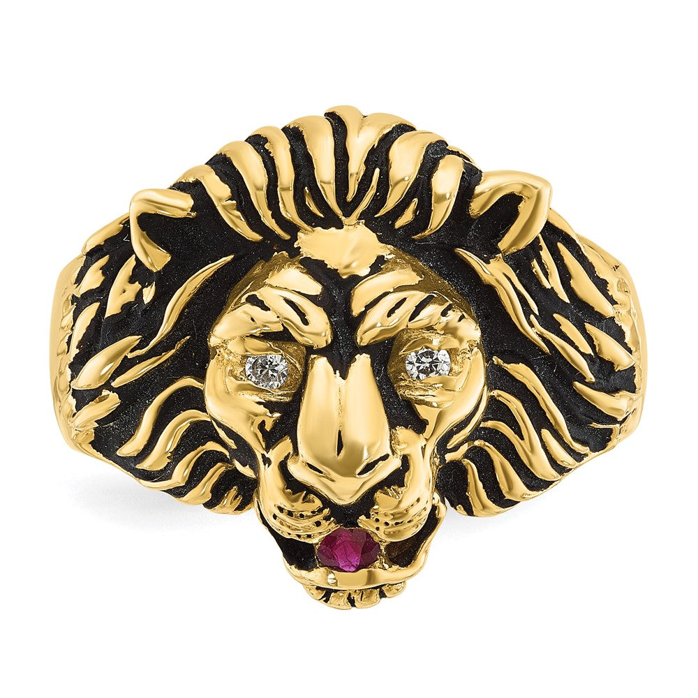 10K Yellow Gold Ibgoodman Men'S Diamond And Ruby Antiqued Lion Complete Ring
