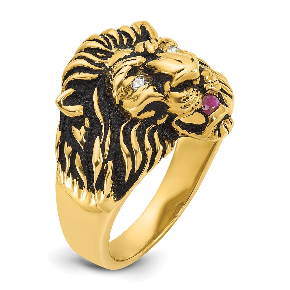 10K Yellow Gold Ibgoodman Men'S Diamond And Ruby Antiqued Lion Complete Ring
