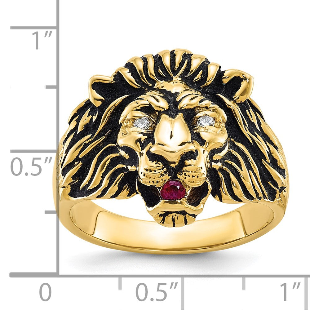 10K Yellow Gold Ibgoodman Men'S Diamond And Ruby Antiqued Lion Complete Ring
