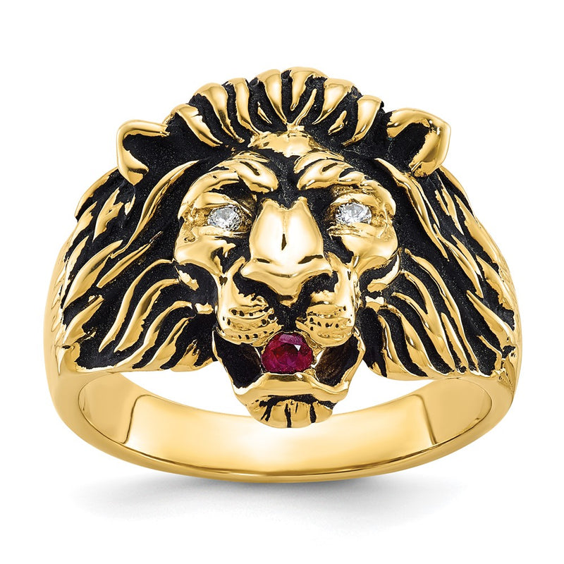 10K Yellow Gold Ibgoodman Men'S Diamond And Ruby Antiqued Lion Complete Ring