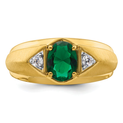 14k Yellow Gold 1/10 Ct. Lab Grown Diamond VS/SI+ G+ and Created Emerald Men's Ring