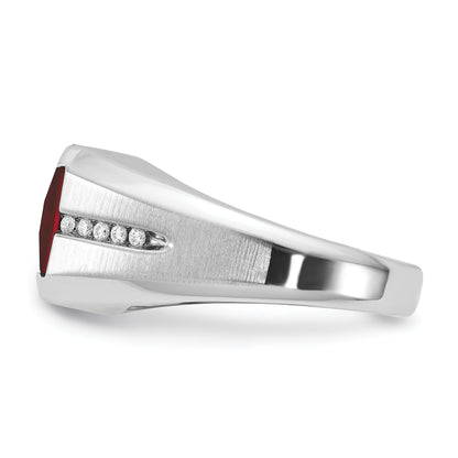 14k White Gold Men's Created Garnet and 1/10 carat Diamond Complete Ring