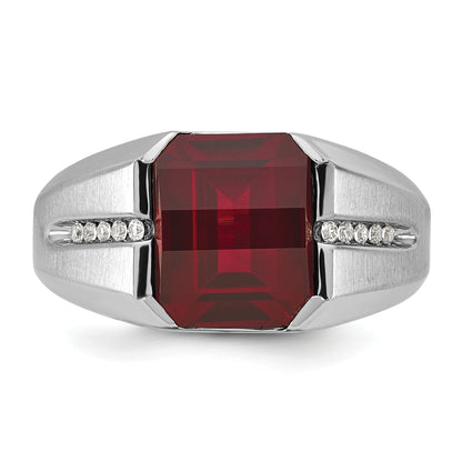 14k White Gold Men's Created Garnet and 1/10 carat Diamond Complete Ring