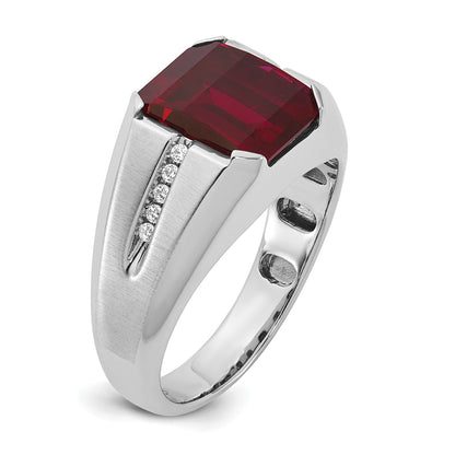 14k White Gold Men's Created Garnet and 1/10 carat Diamond Complete Ring