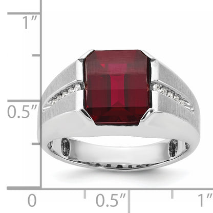 14k White Gold Men's Created Garnet and 1/10 carat Diamond Complete Ring