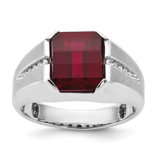 14k White Gold Men's Created Garnet and 1/10 carat Diamond Complete Ring