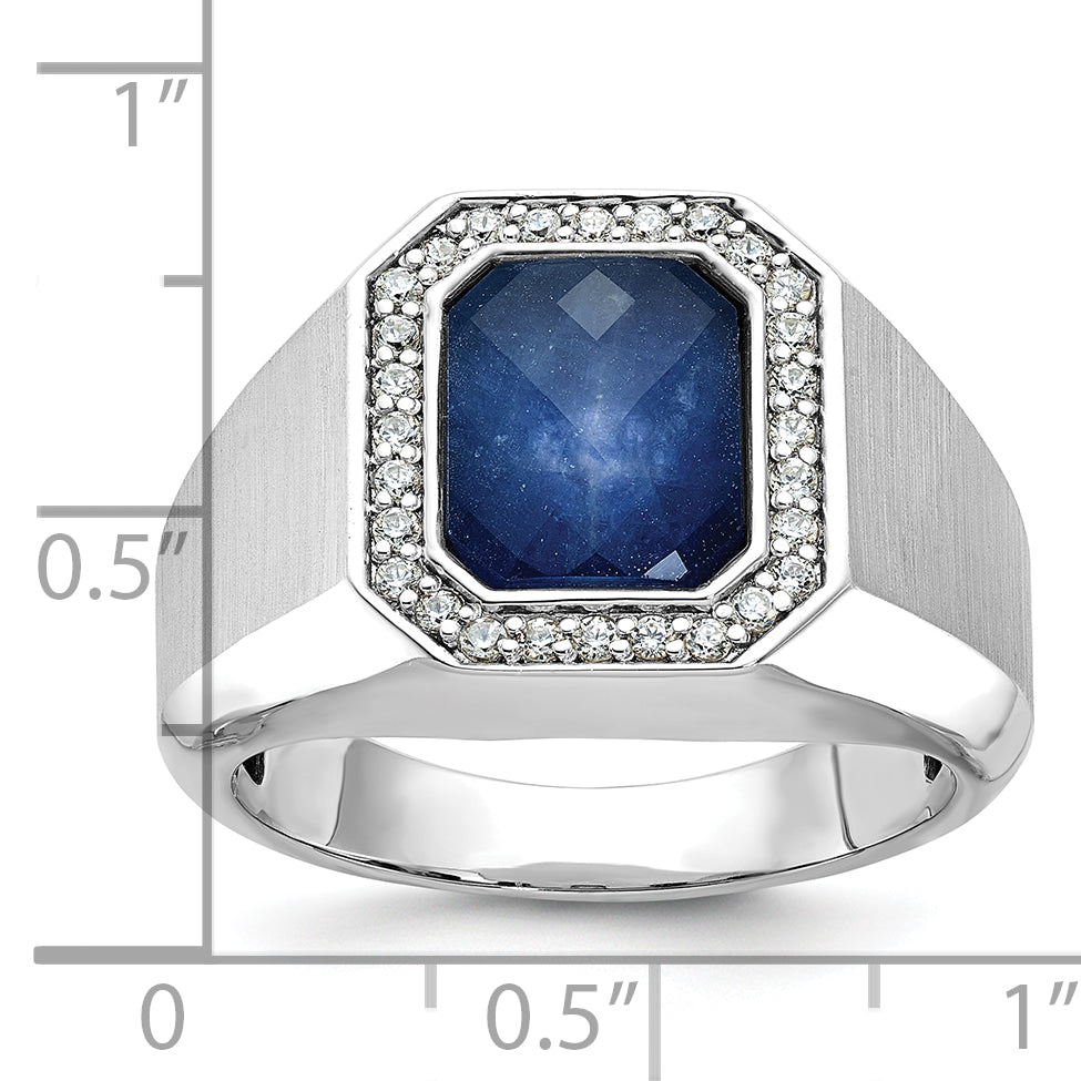 14k White Gold Men's Satin Sapphire Doublet Stone and 1/4 carat Diamond Complete Ring