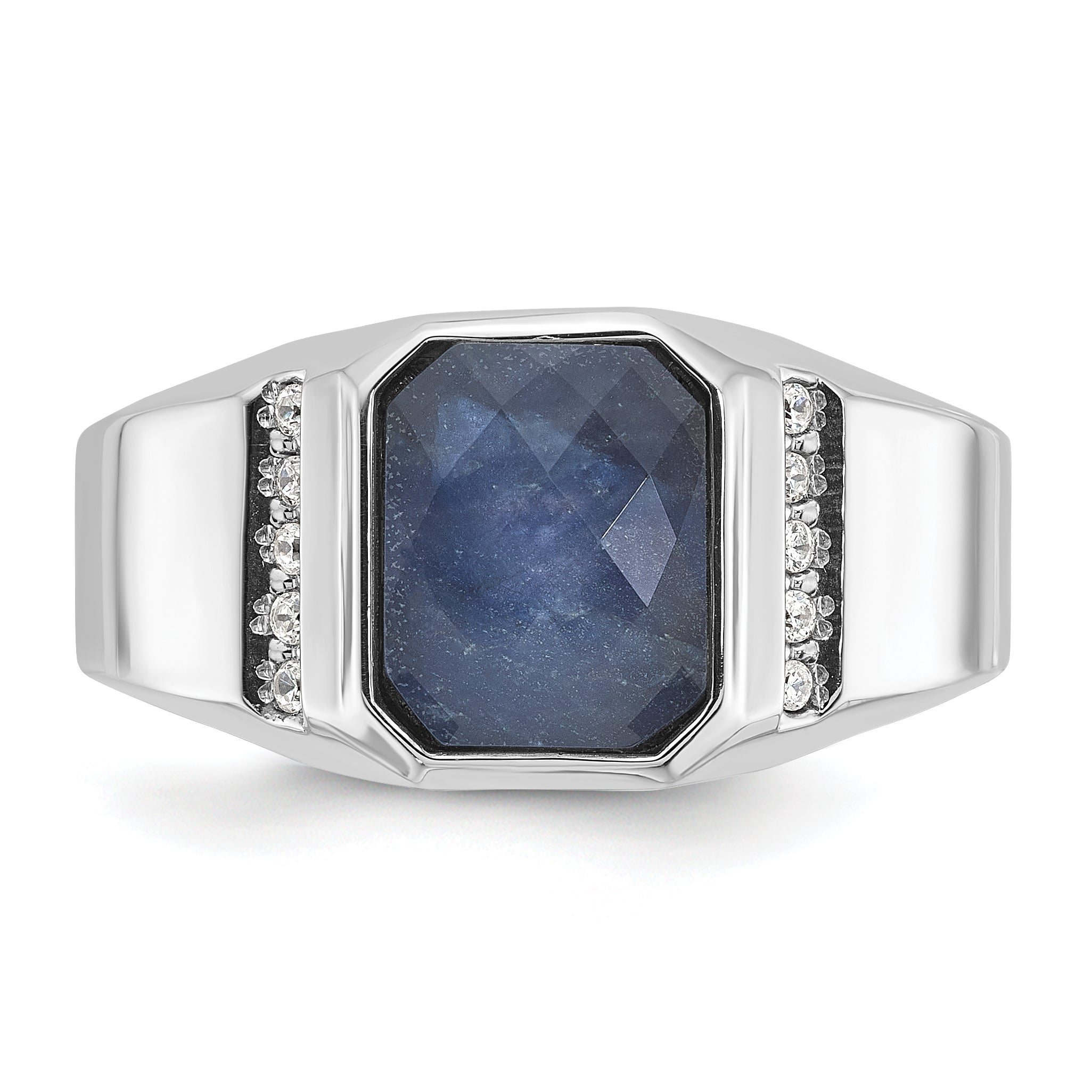 14k White Gold Men's Sapphire Doublet Stone and 1/6 carat Diamond Complete Ring