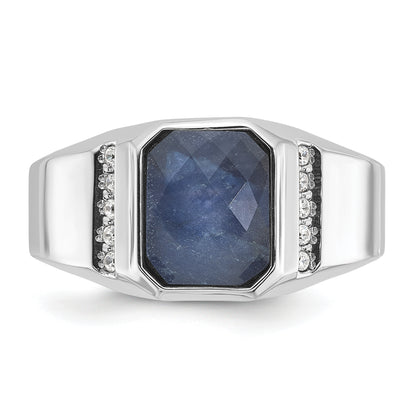 14k White Gold Men's Sapphire Doublet Stone and 1/6 carat Diamond Complete Ring