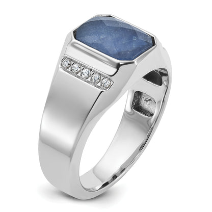 14k White Gold Men's Sapphire Doublet Stone and 1/6 carat Diamond Complete Ring