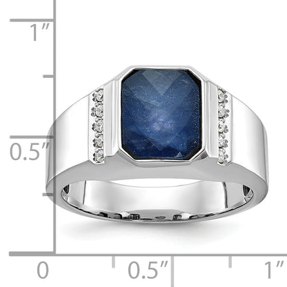14k White Gold Men's Sapphire Doublet Stone and 1/6 carat Diamond Complete Ring