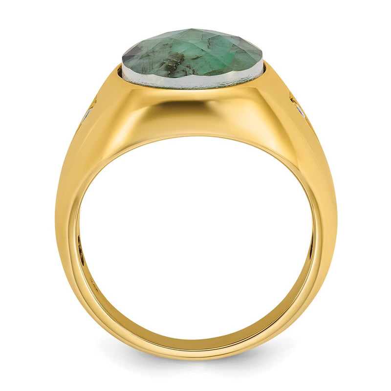 14k Yellow Gold Men's Oval Emerald Doublet Stone and 1/15 carat Diamond Complete Ring