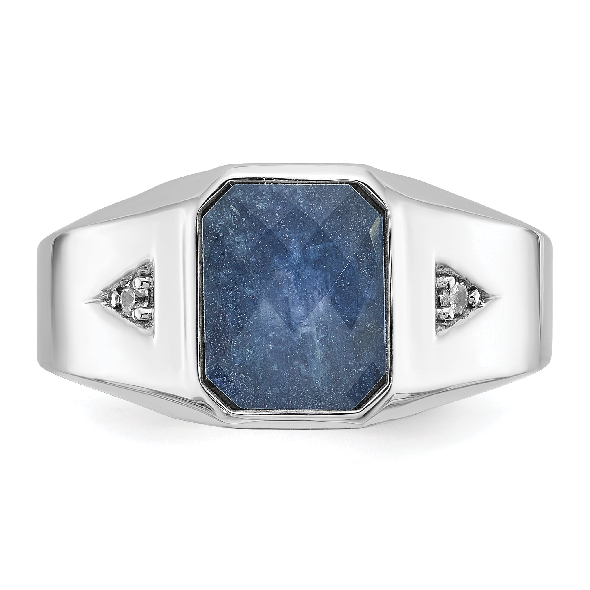 14k White Gold Men's Sapphire Doublet Stone and 1/20 carat Diamond Complete Ring