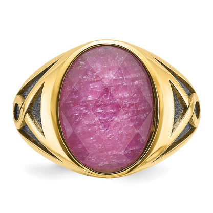 14k Yellow Gold with Black Rhodium Men's Ruby Doublet Stone Complete Ring