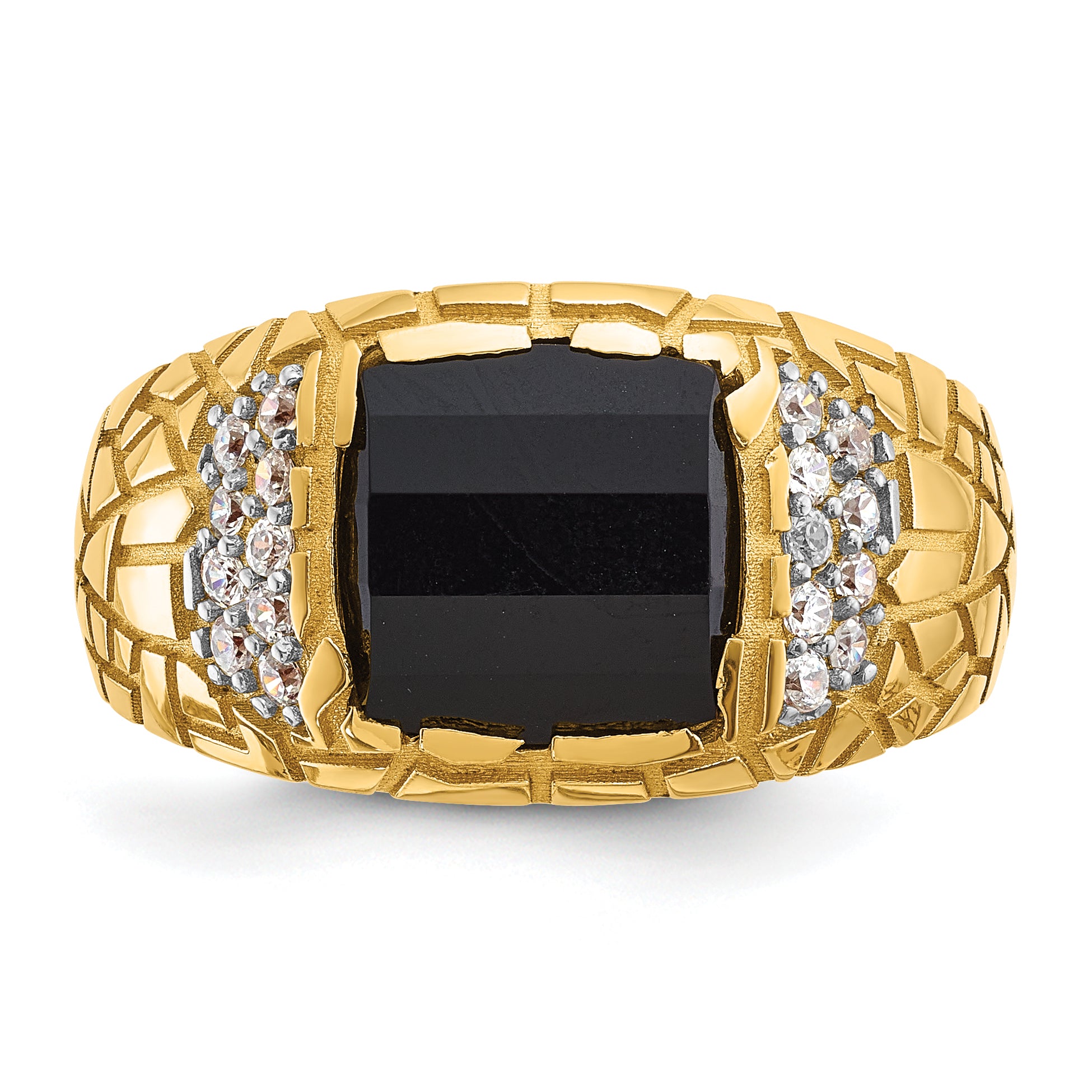 10K Yellow Gold Ibgoodman Men'S Polished And Nugget Textured Onyx 1/4 Carat A Quality Diamond Ring