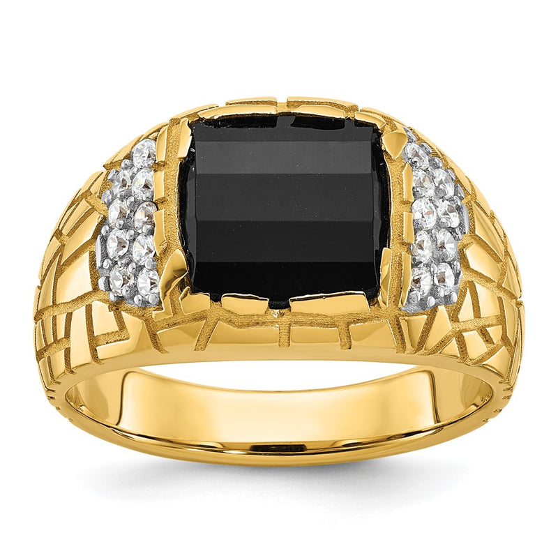 10K Yellow Gold Ibgoodman Men'S Polished And Nugget Textured Onyx 1/4 Carat A Quality Diamond Ring