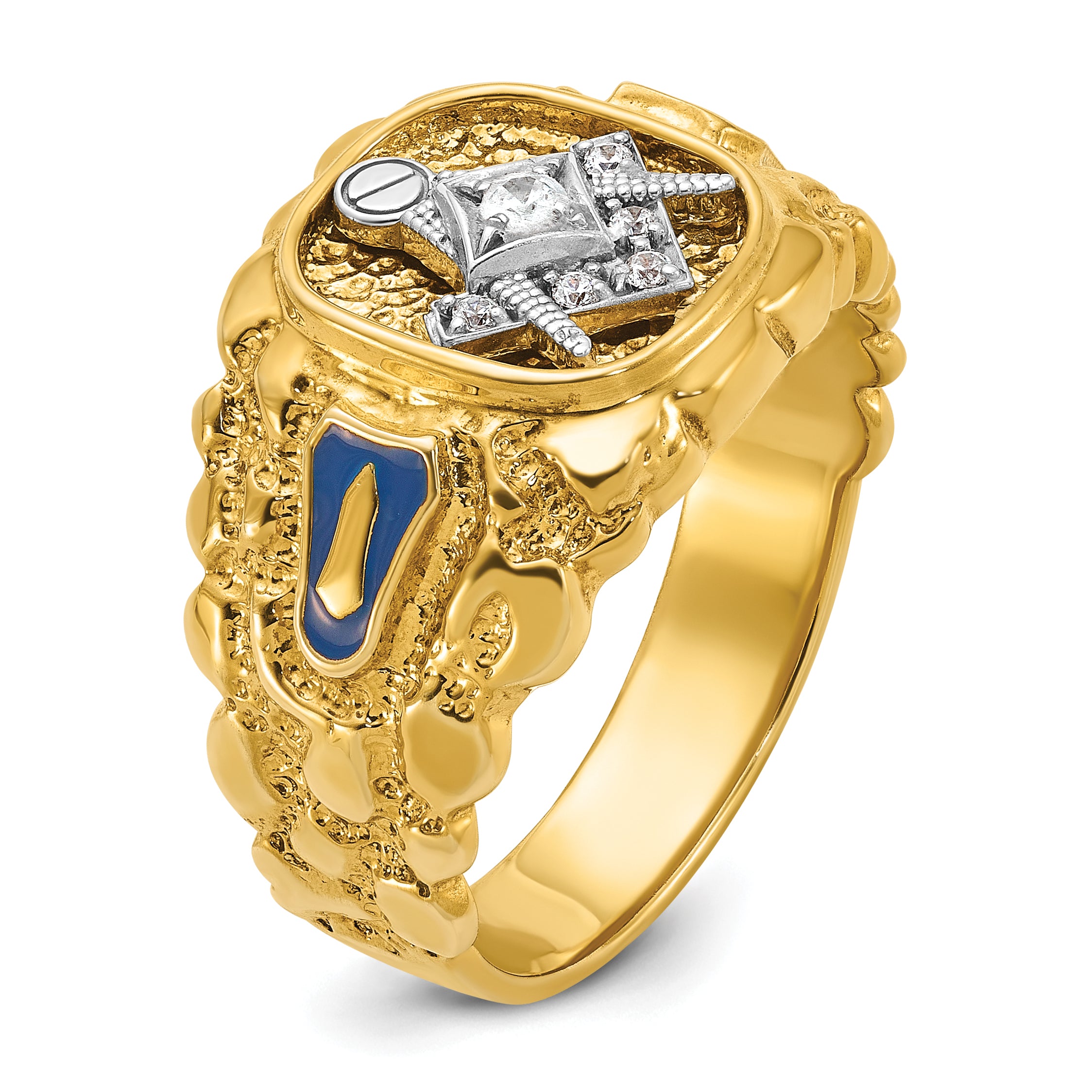 10K Two-Tone Ibgoodman Men'S Polished And Nugget Textured Blue Lodge Master Masonic Ring Mounting