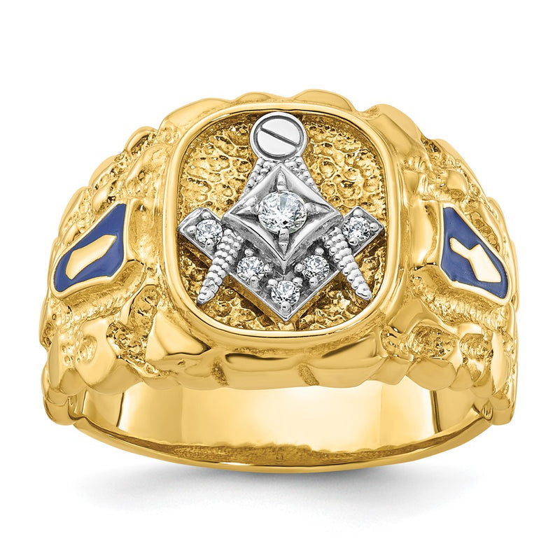 10K Two-Tone Ibgoodman Men'S Polished And Nugget Textured Diamond Blue Lodge Master Masonic Ring