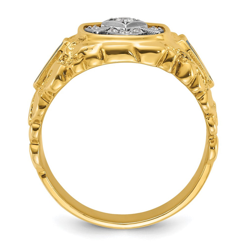 14k Two-tone Gold Men's Polished and Nugget Textured Diamond Blue Lodge Master Masonic Ring