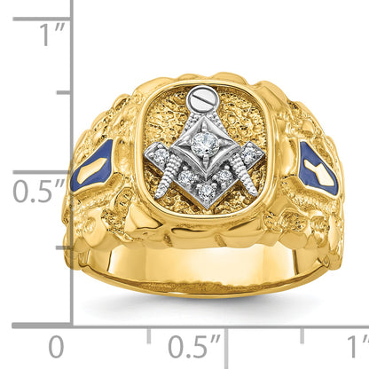 14k Two-tone Gold Men's Polished and Nugget Textured Diamond Blue Lodge Master Masonic Ring