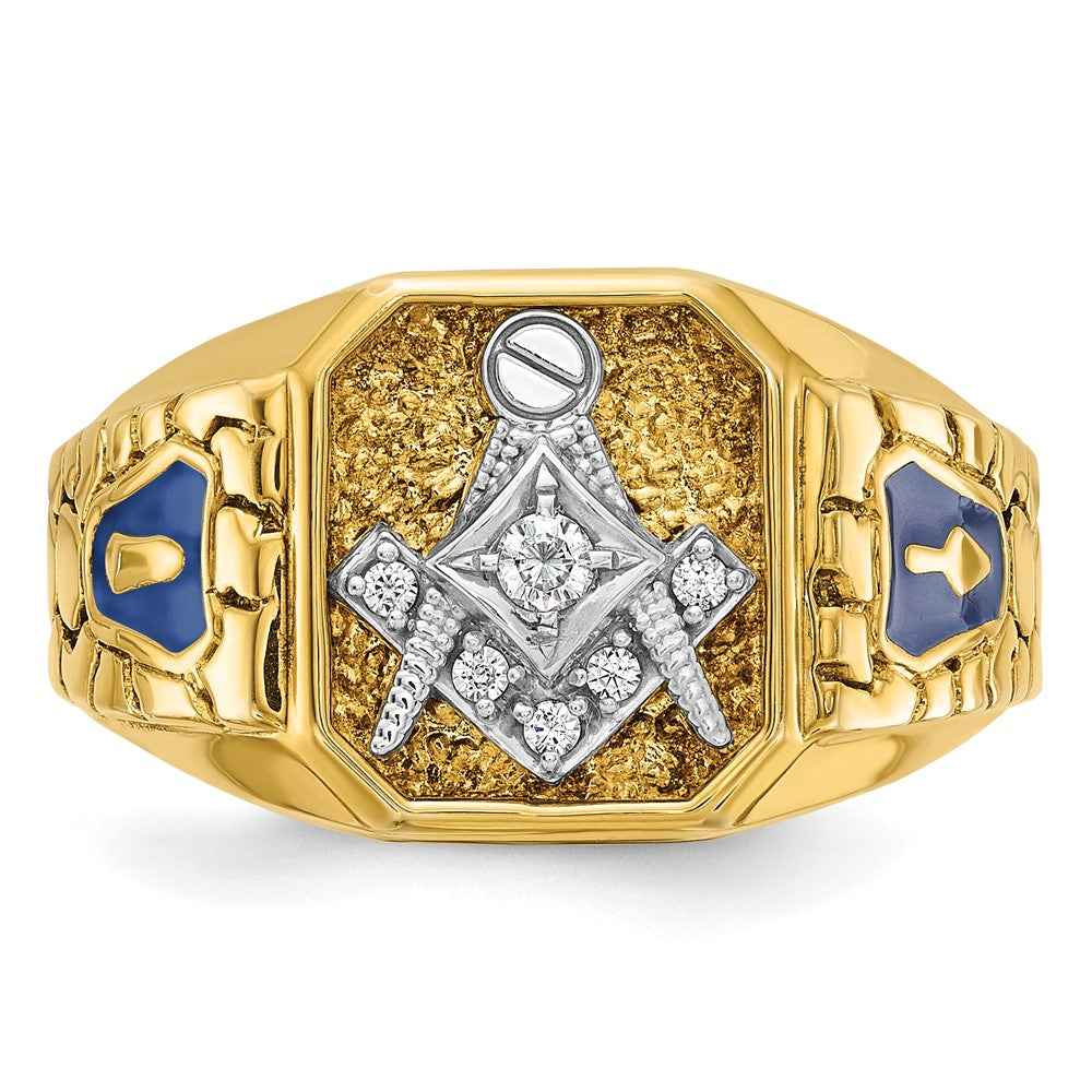 10K Two-Tone Ibgoodman Men'S Polished And Textured With Blue Enamel Diamond Lodge Master Masonic Ring