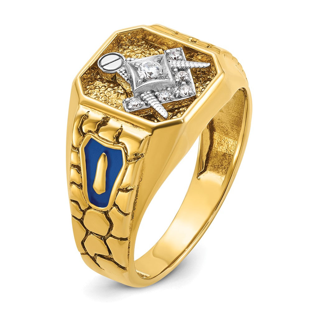 10K Two-Tone Ibgoodman Men'S Polished And Textured With Blue Enamel Diamond Lodge Master Masonic Ring