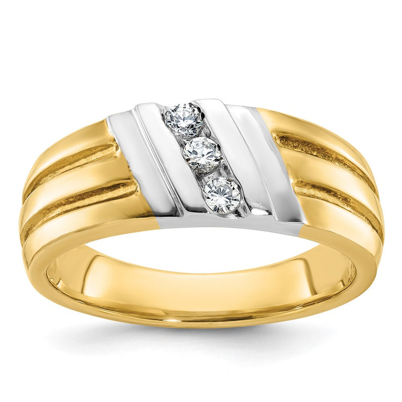 10K Two-Tone Ibgoodman Men'S Polished And Grooved 3-Stone 1/5 Carat A Quality Diamond Ring