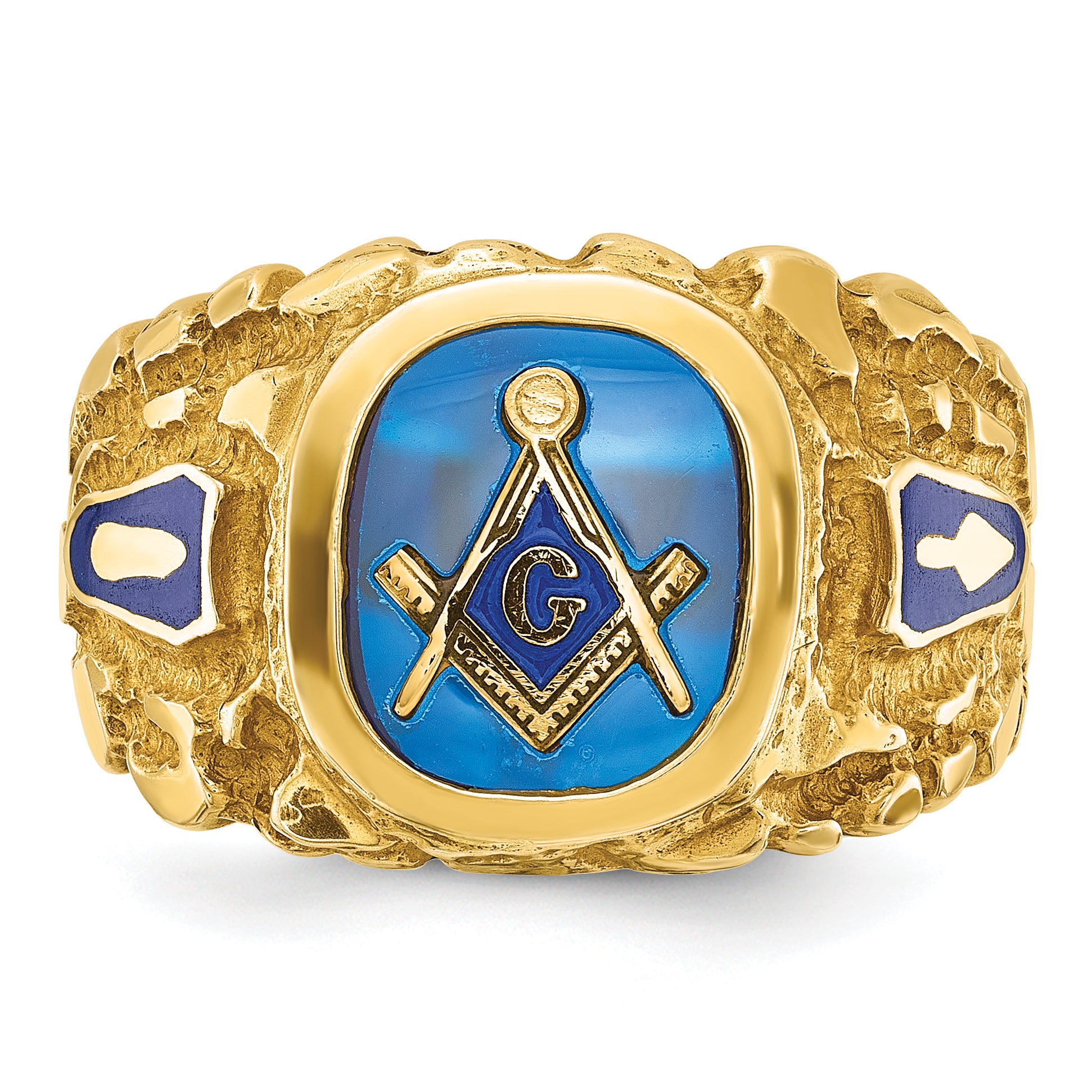 10K Yellow Gold Ibgoodman Men'S Polished And Nugget Textured With Blue Enamel Lab Created Sapphire Lodge Master Masonic Ring