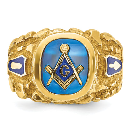 10K Yellow Gold Ibgoodman Men'S Polished And Nugget Textured With Blue Enamel Lab Created Sapphire Lodge Master Masonic Ring